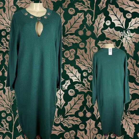 Torrid Plus 6 Green Textured Keyhole Gromet Neck Long Sleeve Below Knee Dress - Picture 1 of 6
